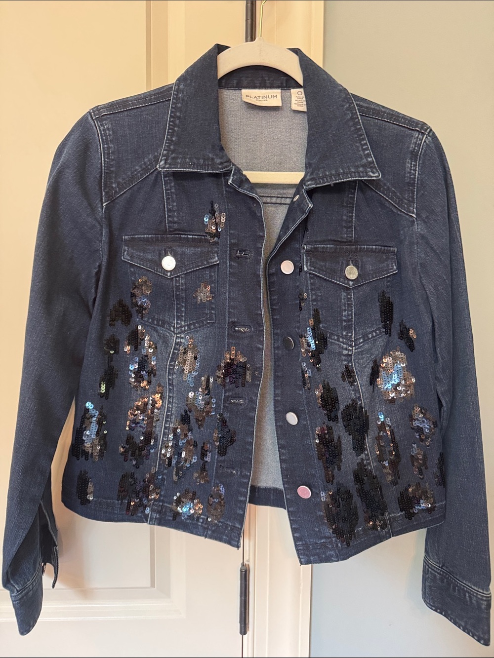 Chico's Dark Blue Sequin-Embellished Denim Jacket